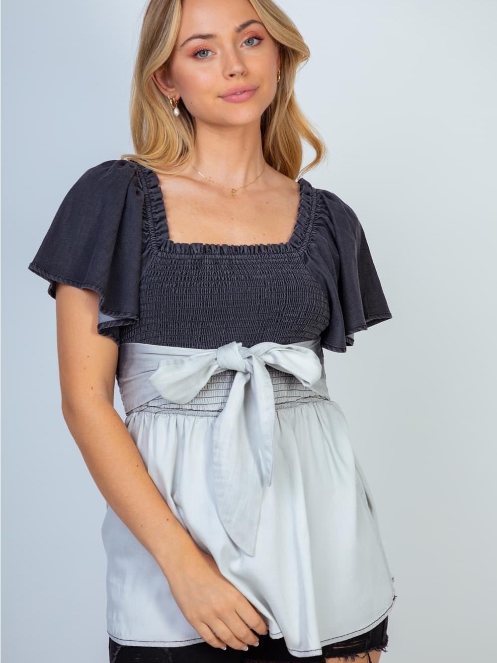Sma White Birch Black Smocked Square Neck Flutter Sleeve Top with Light Gray Tie